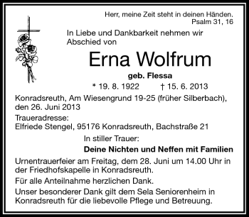 Traueranzeige von Erna Wolfrum von Frankenpost