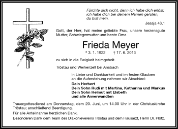 Traueranzeige von Frieda Meyer von Frankenpost