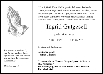Traueranzeige von Ingrid Gutgesell von Neue Presse Coburg