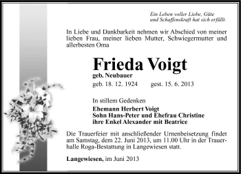 Traueranzeige von Frieda Voigt von Südthüringer Presse