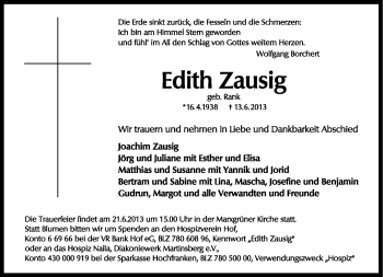 Traueranzeige von Edith Zausig von Frankenpost