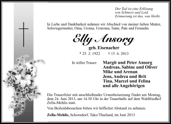 Traueranzeige von Elly Ansorg von Südthüringer Presse