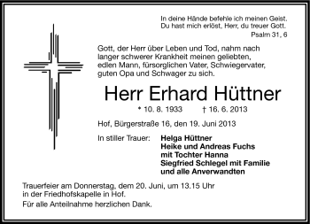 Traueranzeige von Erhard Hüttner von Frankenpost