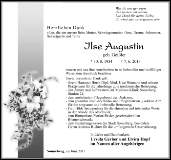 Traueranzeige von Ilse Augustin von Südthüringer Presse