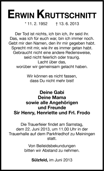 Traueranzeige von Erwin Kruttschnitt von Südthüringer Presse