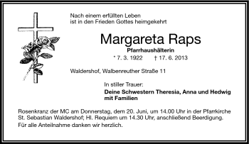 Traueranzeige von Margareta Raps von Frankenpost
