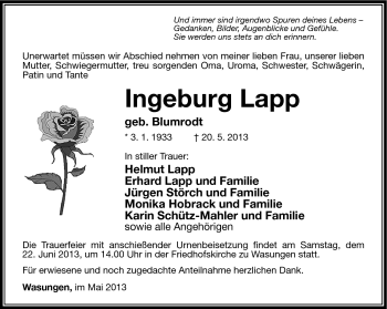 Traueranzeige von Ingeburg Lapp von Südthüringer Presse