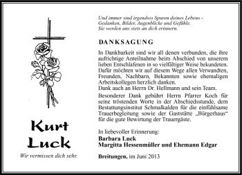 Traueranzeige von Kurt Luck von Südthüringer Presse