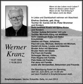 Traueranzeige von Werner Kranz von Südthüringer Presse