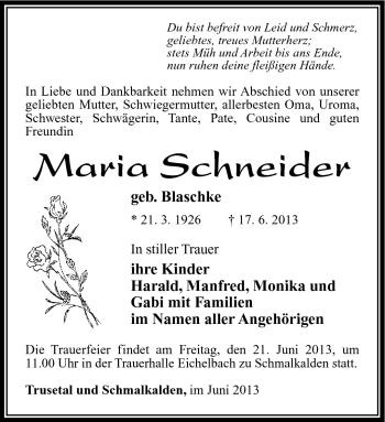 Traueranzeige von Maria Schneider von Südthüringer Presse