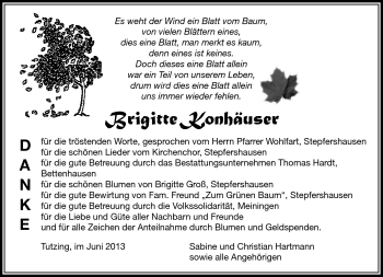 Traueranzeige von Brigitte Konhäuser von Südthüringer Presse