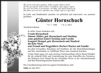 Traueranzeige von Günter Hornschuch von Südthüringer Presse