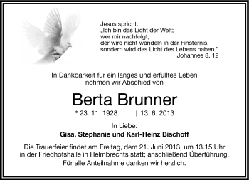 Traueranzeige von Berta Brunner von Frankenpost