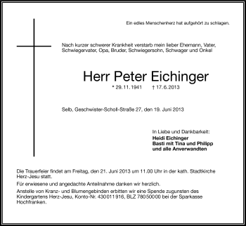 Traueranzeige von Peter Eichinger von Frankenpost