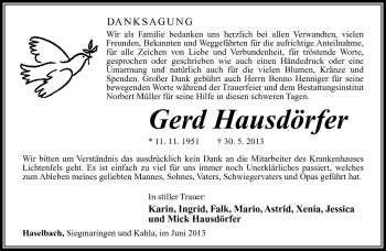 Traueranzeige von Gerd Hausdörfer von Südthüringer Presse