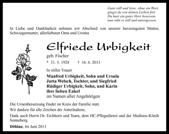 Traueranzeige von Elfriede Urbigkeit von Südthüringer Presse