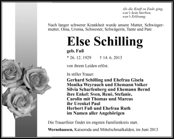 Traueranzeige von Else Schilling von Südthüringer Presse