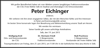 Traueranzeige von Peter Eichinger von Frankenpost
