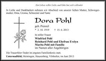 Traueranzeige von Dora Pohl von Südthüringer Presse