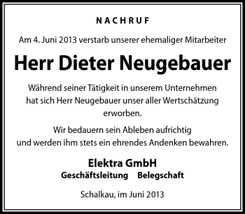 Traueranzeige von Dieter Neugebauer von Südthüringer Presse