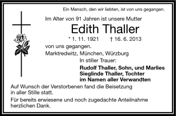 Traueranzeige von Edith Thaller von Frankenpost