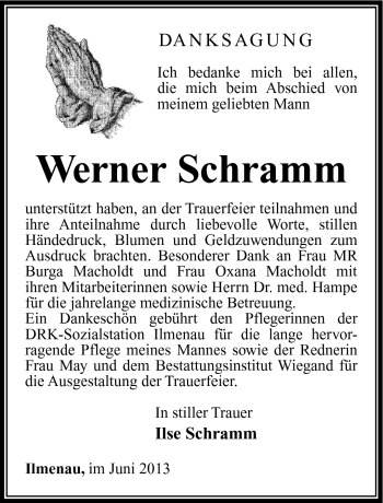 Traueranzeige von Werner Schramm von Südthüringer Presse