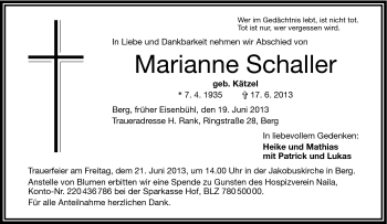 Traueranzeige von Marianne Schaller von Frankenpost