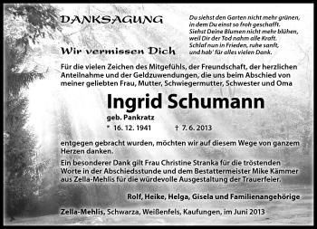 Traueranzeige von Ingrid Schumann von Südthüringer Presse