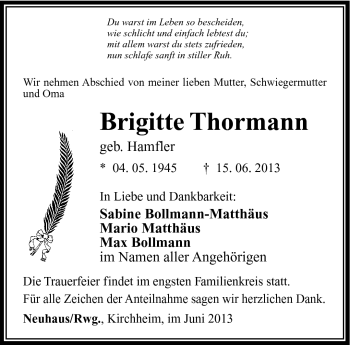 Traueranzeige von Brigitte Thormann von Südthüringer Presse