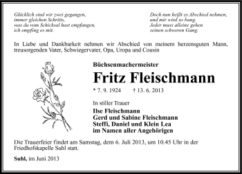 Traueranzeige von Fritz Fleischmann von Südthüringer Presse