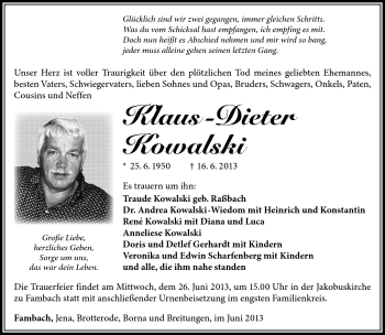Traueranzeige von Klaus-Dieter Kowalski von Südthüringer Presse