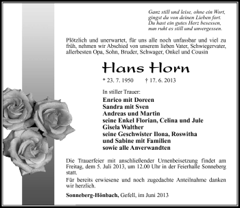 Traueranzeige von Hans Horn von Südthüringer Presse