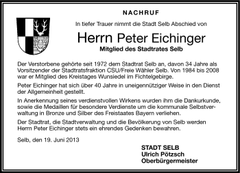 Traueranzeige von Peter Eichinger von Frankenpost