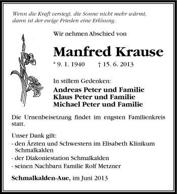 Traueranzeige von Manfred Krause von Südthüringer Presse