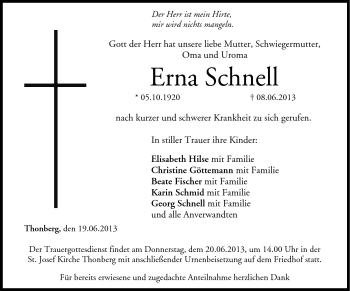 Traueranzeige von Erna Schnell von Neue Presse Coburg
