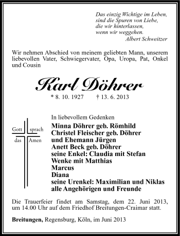 Traueranzeige von Karl Döhrer von Südthüringer Presse