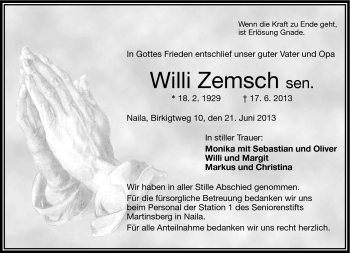 Traueranzeige von Willi Zemsch sen. von Frankenpost