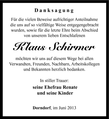 Traueranzeige von Klaus Schirmer von Südthüringer Presse