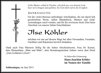 Traueranzeige von Ilse Köhler von Südthüringer Presse
