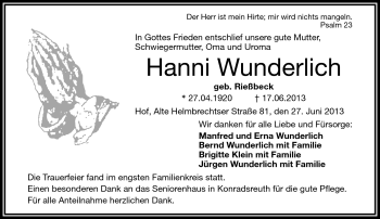 Traueranzeige von Hanni Wunderlich von Frankenpost