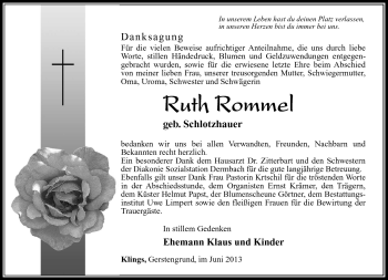Traueranzeige von Ruth Rommel von Südthüringer Presse