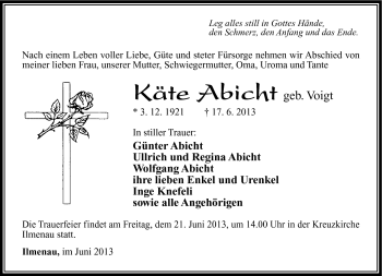 Traueranzeige von Käte Abicht von Südthüringer Presse