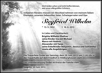 Traueranzeige von Siegfried Wilhelm von Südthüringer Presse