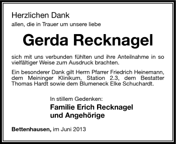 Traueranzeige von Gerda Recknagel von Südthüringer Presse
