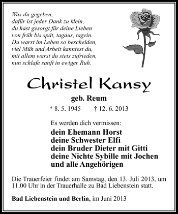Traueranzeige von Christel Kansy von Südthüringer Presse