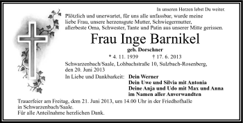 Traueranzeige von Inge Barnikel von Frankenpost