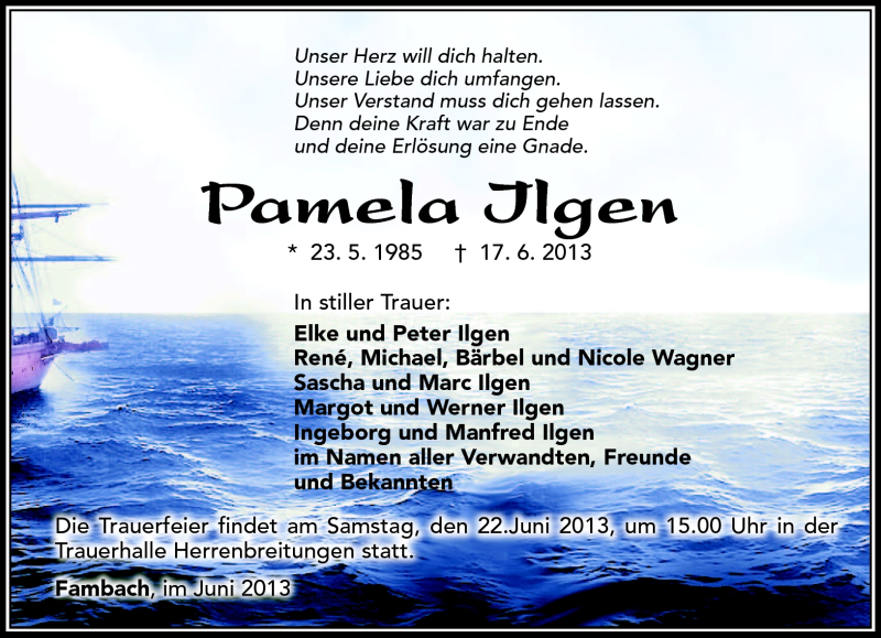  Traueranzeige für Pamela Ilgen vom 20.06.2013 aus Südthüringer Presse