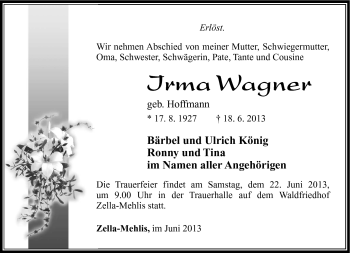 Traueranzeige von Irma Wagner von Südthüringer Presse