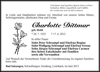 Traueranzeige von Charlotte Dittmar von Südthüringer Presse