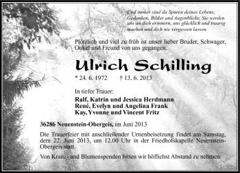 Traueranzeige von Ulrich Schilling von Südthüringer Presse